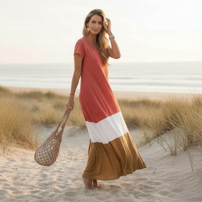Maxi dress with V-neck, short sleeves, rust-red top with white and gold-brown color blocks