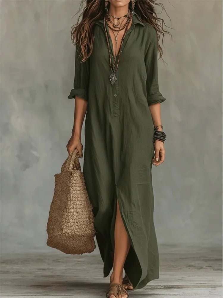 Women’s linen shirt dress, army green, 3/4 sleeves, button front, side slit