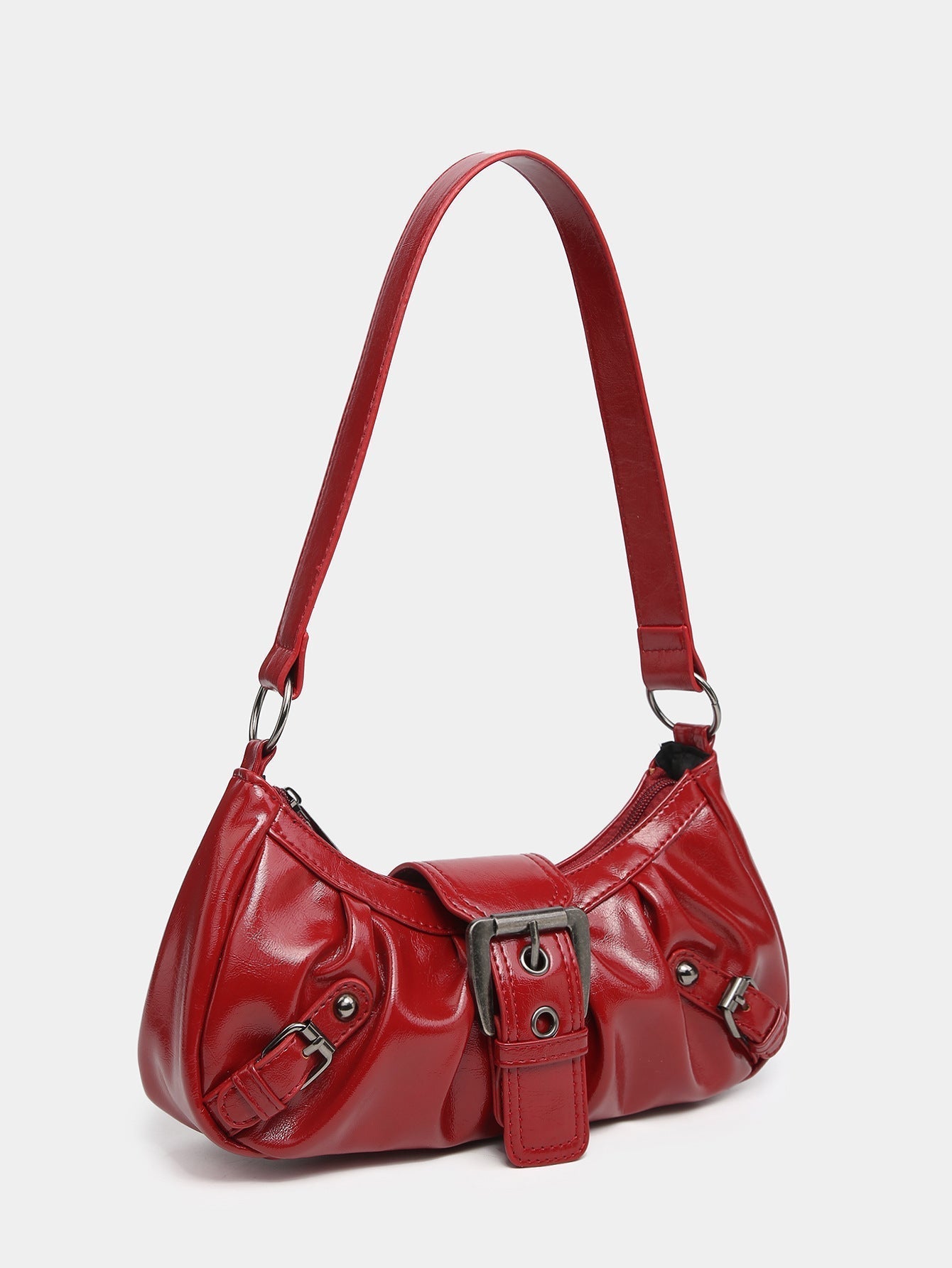 Red faux leather hobo bag front view with strap handles and center buckle closure
