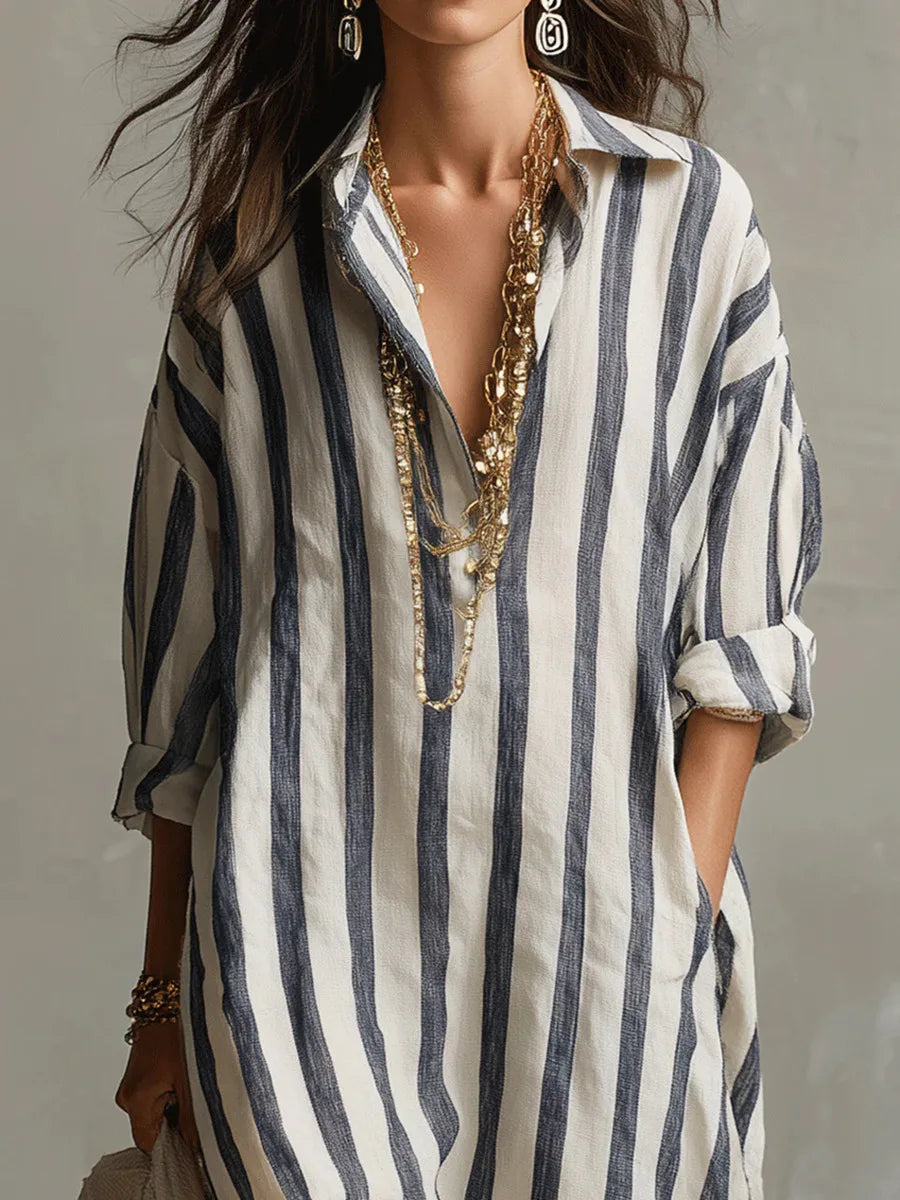 Striped linen shirt dress in blue and white vertical stripes, collared neckline detail