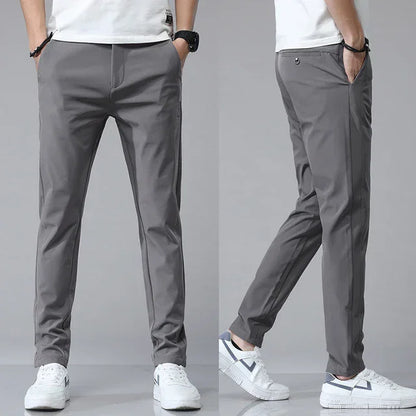Slim-fit medium gray pants with tapered legs and side pocket