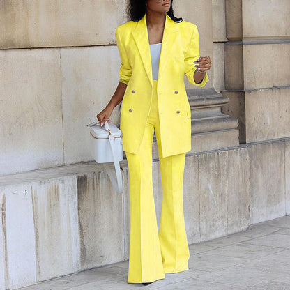Yellow two-piece blazer and wide-leg trousers set with gold-button double-breasted look