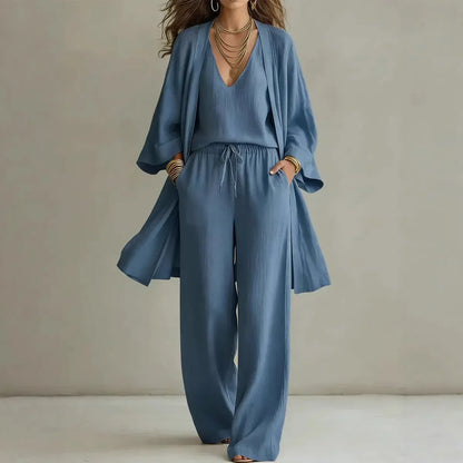 Bailey linen 3-piece co-ord set in blue: V-neck top, elastic waist wide-leg pants, draped cover-up.