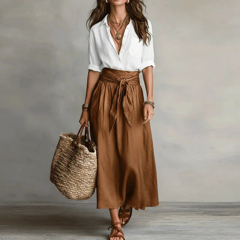 Linen co ord set: white wrap blouse with brown drawstring midi skirt
