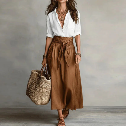 Linen co ord set: white wrap blouse with brown drawstring midi skirt