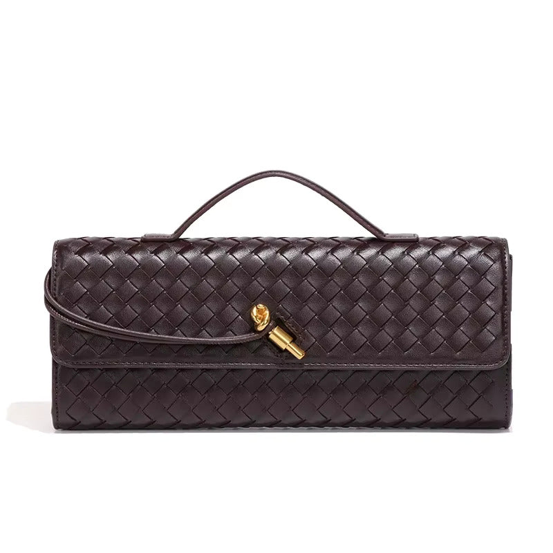 Dark brown woven vegan leather clutch with gold turn-lock and top handle, fold-over flap