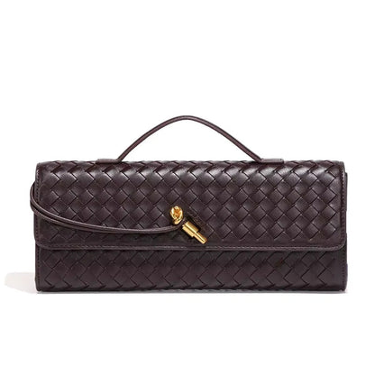 Dark brown woven vegan leather clutch with gold turn-lock and top handle, fold-over flap