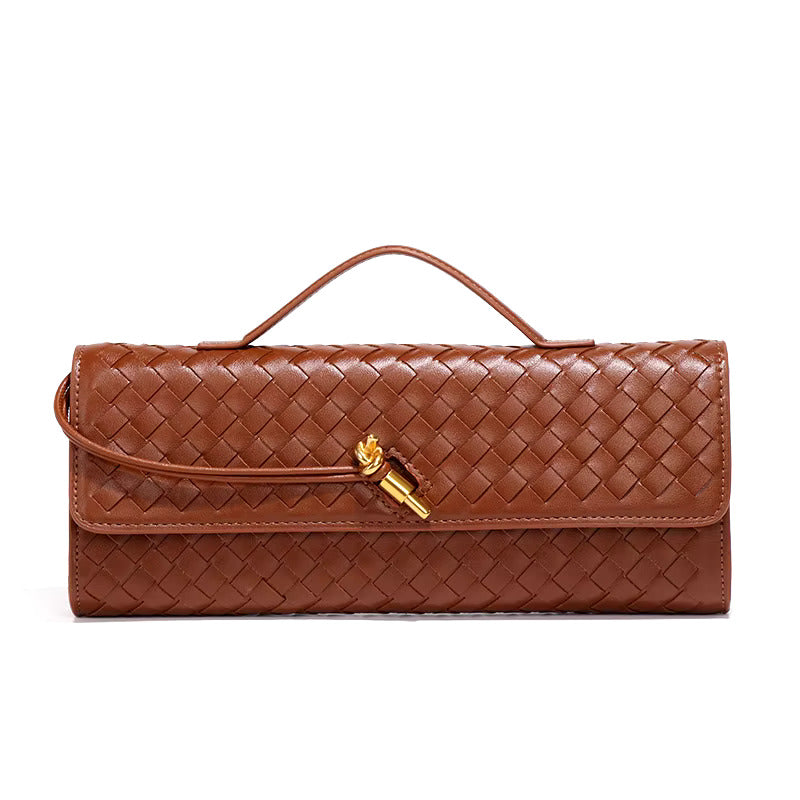 Tan woven vegan leather clutch with gold turn-lock and top handle, fold-over flap