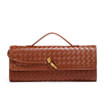 Tan woven vegan leather clutch with gold turn-lock and top handle, fold-over flap