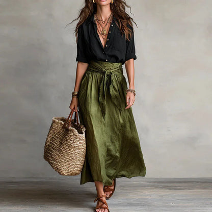 Linen co ord set: black wrap blouse with olive drawstring midi skirt