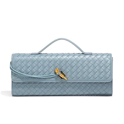 Light blue woven vegan leather clutch with gold turn-lock and top handle, fold-over flap