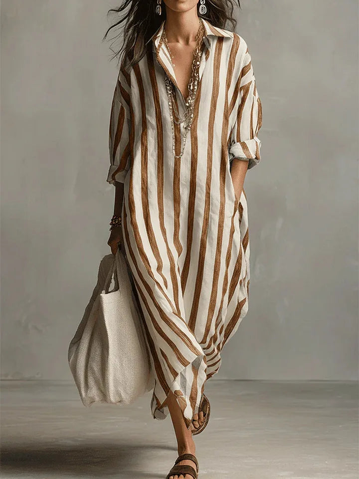 Striped linen shirt dress in earthy yellow and white vertical stripes, collared button front