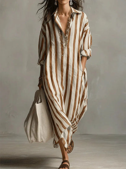 Striped linen shirt dress in earthy yellow and white vertical stripes, collared button front