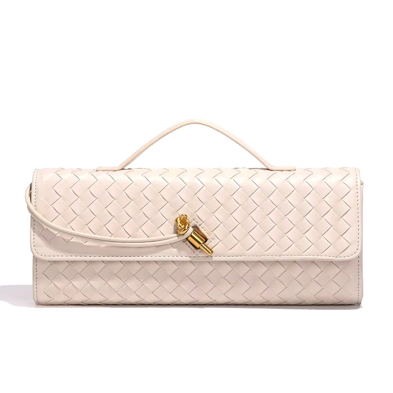 Off-white woven vegan leather clutch with gold turn-lock and top handle, fold-over flap