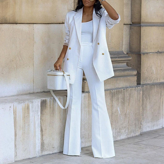 White two-piece blazer and wide-leg trousers set with gold-button double-breasted look