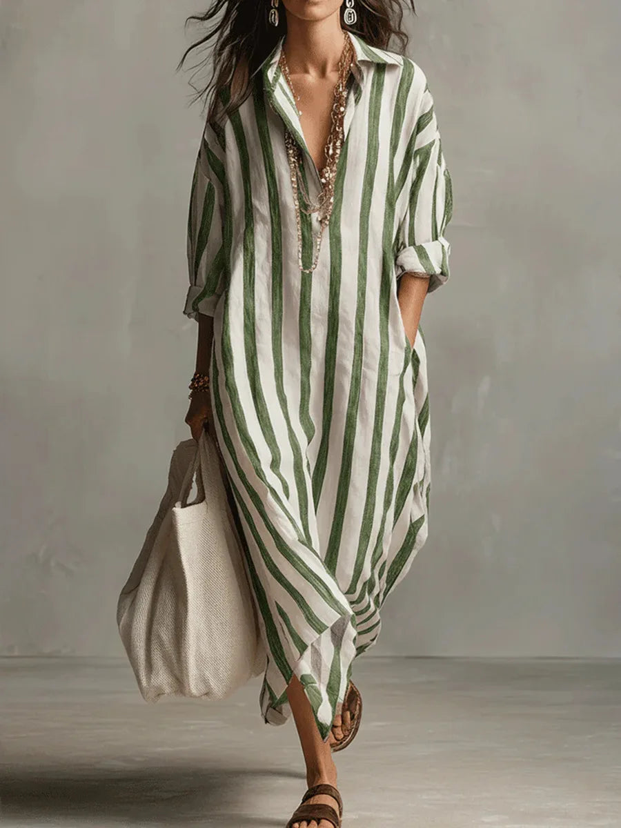 Striped linen shirt dress in green and white vertical stripes, collared button front