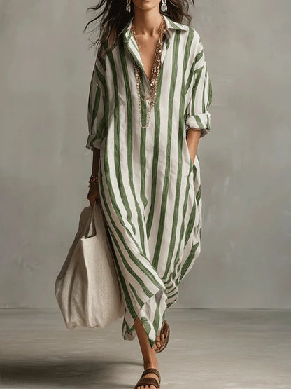 Striped linen shirt dress in green and white vertical stripes, collared button front
