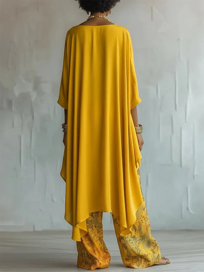 Yellow printed two-piece set with loose back tunic and wide-leg trousers