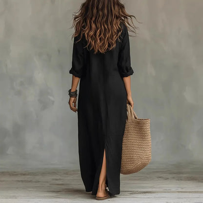 Women’s linen shirt dress, black, back view, 3/4 sleeves, side slit