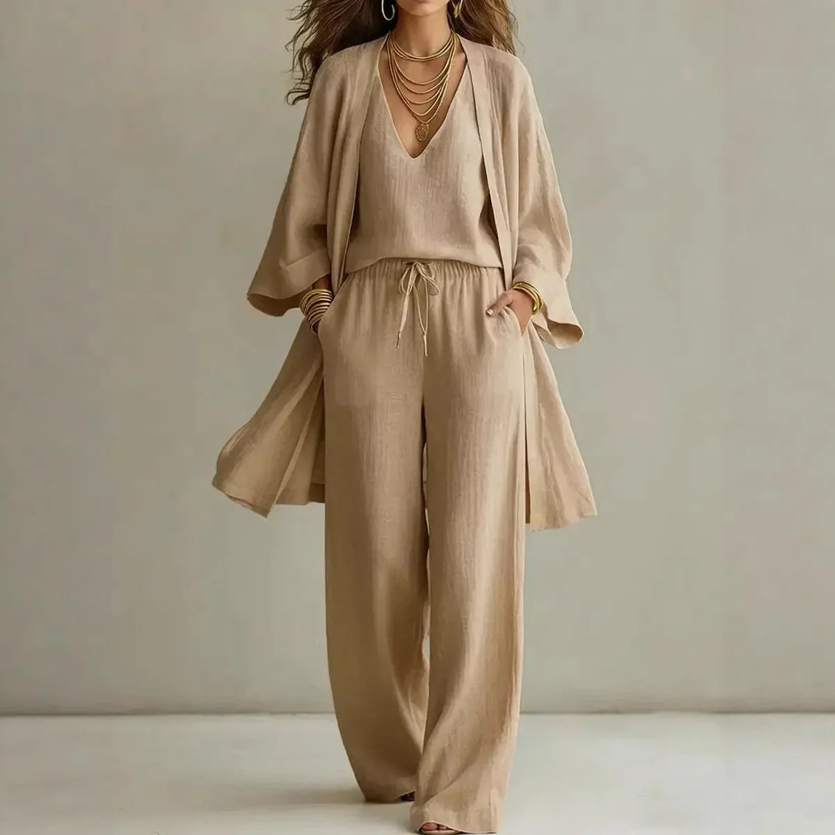 Bailey linen 3-piece co-ord set in khaki: V-neck top, elastic waist wide-leg pants, cover-up.