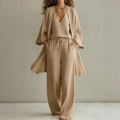 Bailey linen 3-piece co-ord set in khaki: V-neck top, elastic waist wide-leg pants, cover-up.