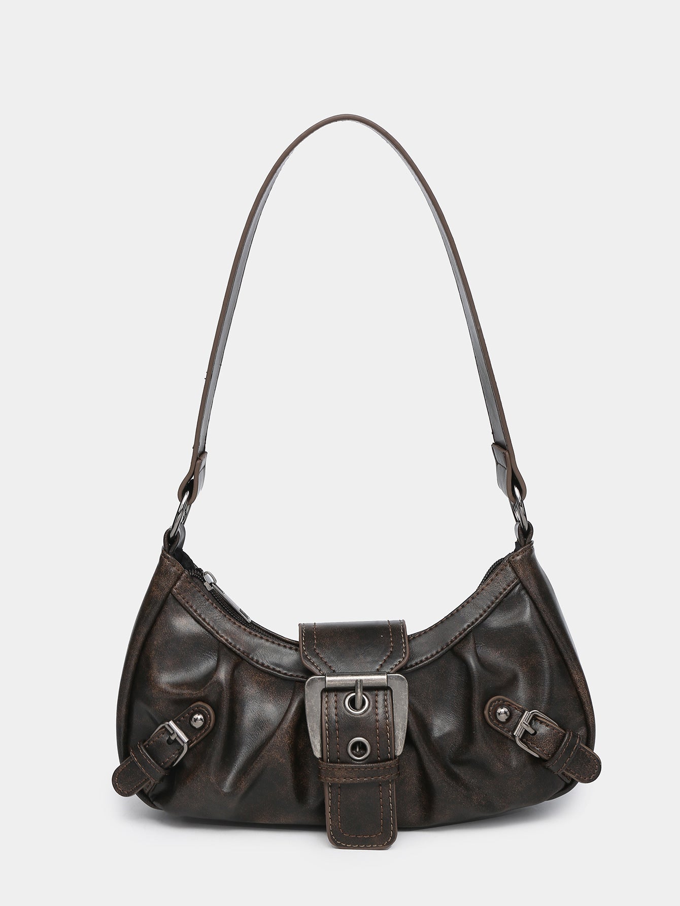 Brown faux leather hobo bag with distressed texture, front buckle strap, and side hardware