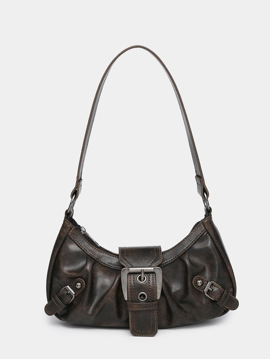 Brown faux leather hobo bag with distressed texture, front buckle strap, and side hardware
