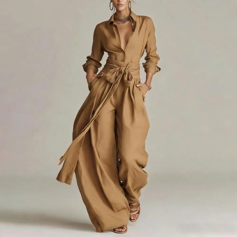 Linen co-ord set in tan: button-front top with waist tie and flowing wide-leg trousers