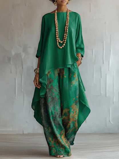 Green printed loose two-piece set with draped tunic and wide-leg trousers