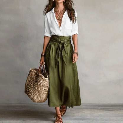 Linen co ord set: white wrap blouse with olive drawstring midi skirt