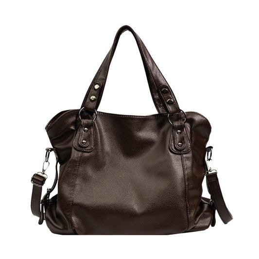 Vegan leather handbag in dark brown with two top handles and side zipper pockets