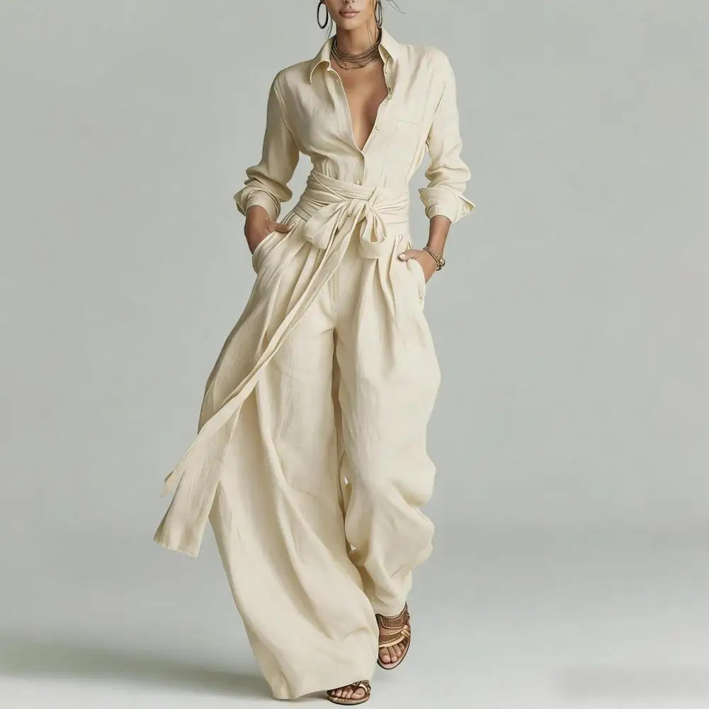 Linen co-ord set in light beige: button-front shirt with tied waist and wide-leg pants