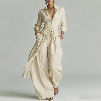 Linen co-ord set in light beige: button-front shirt with tied waist and wide-leg pants