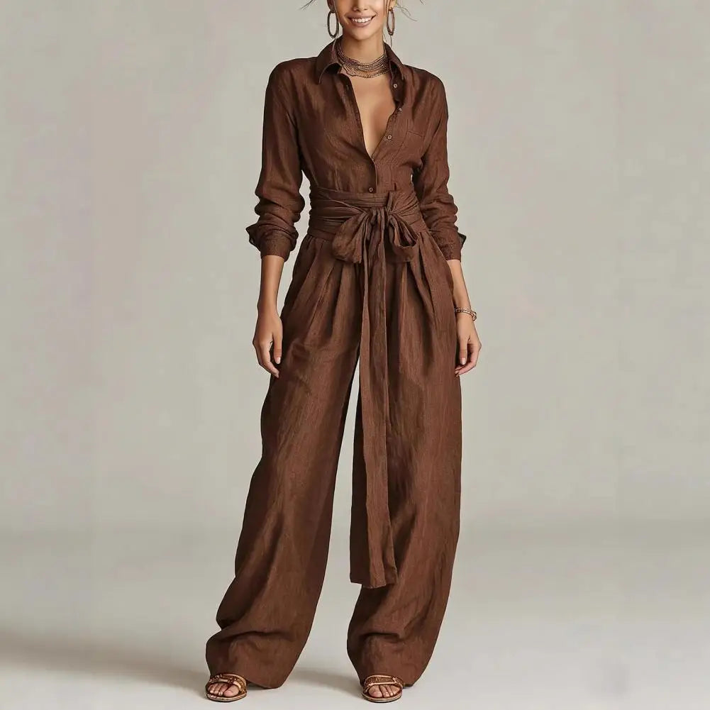 Linen co-ord set in dark brown: button-front shirt with tie waist and wide-leg pants