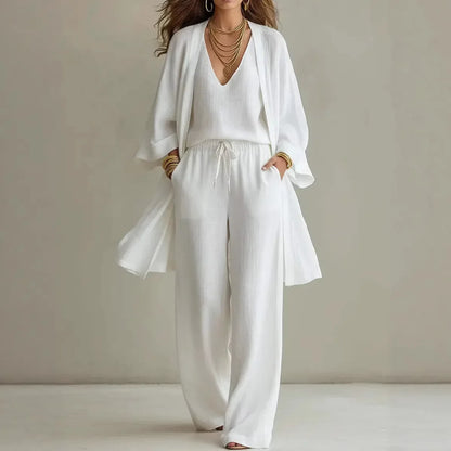Bailey linen 3-piece co-ord set in white: V-neck top, wide-leg trousers, draped cover-up.