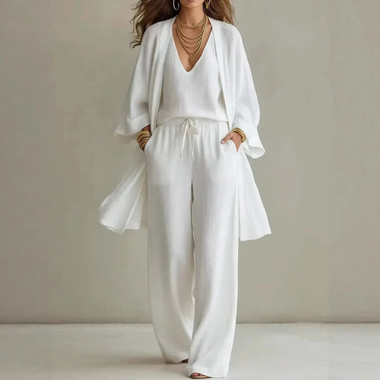 Bailey linen 3-piece co-ord set in white: V-neck top, wide-leg trousers, draped cover-up.