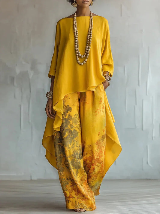 Yellow printed loose two-piece set with flowy tunic and wide-leg trousers