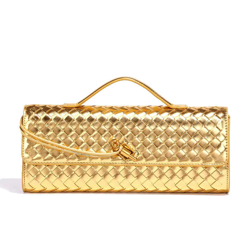 Gold woven vegan leather clutch with gold turn-lock and top handle, fold-over flap