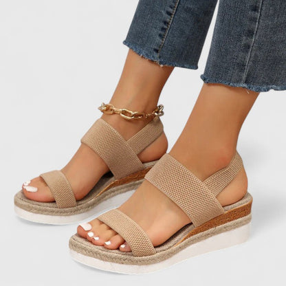 Beige comfort sandals with wide double straps, espadrille wedge sole, gold chain ankle