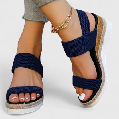 Blue comfort sandals with wide straps, espadrille wedge sole, gold chain ankle strap