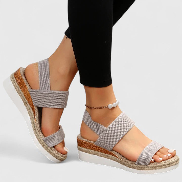 Women's walking comfort sandals, grey knit straps and espadrille rope wedge sole