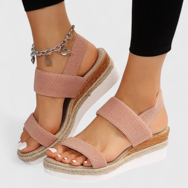 Pink comfort sandals with wide straps, espadrille wedge sole, gold chain ankle bracelet