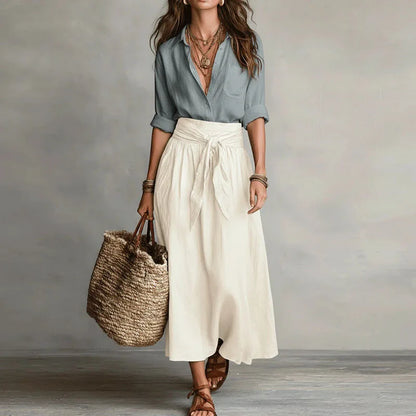 Linen co ord set: slate wrap blouse with cream drawstring midi skirt