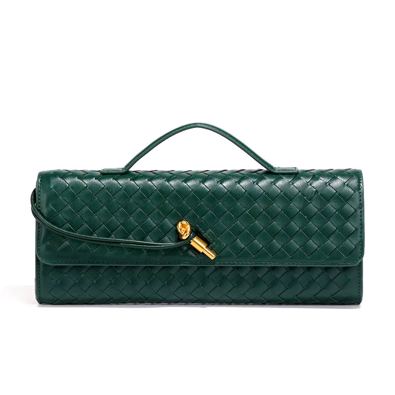 Green woven vegan leather clutch with gold turn-lock and top handle, fold-over flap