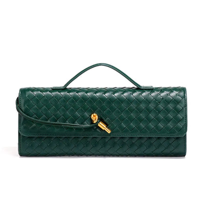 Green woven vegan leather clutch with gold turn-lock and top handle, fold-over flap