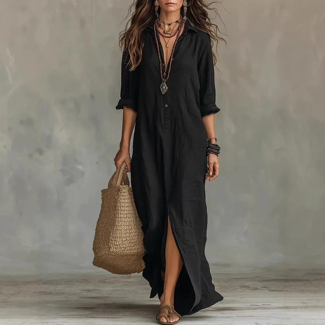Women’s linen shirt dress, black, 3/4 sleeves, button front, side slit