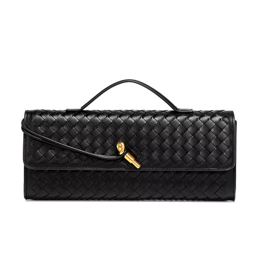 Black woven vegan leather clutch with gold turn-lock and top handle, fold-over flap