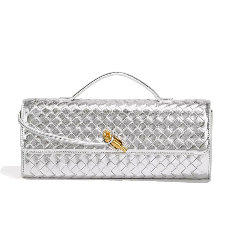 Silver woven vegan leather clutch with gold turn-lock and top handle, fold-over flap
