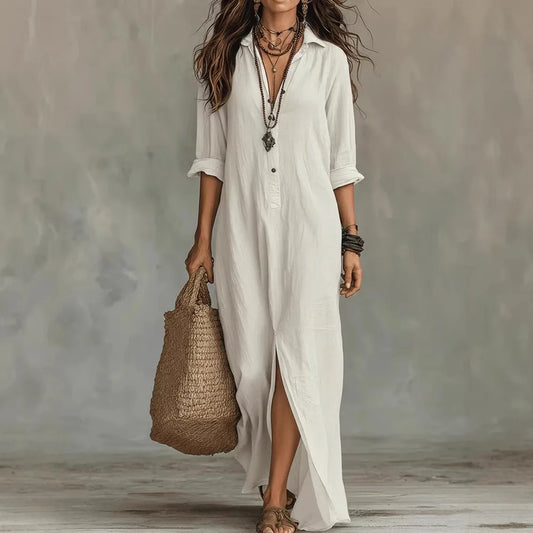Women’s linen shirt dress, white, 3/4 sleeves, button front, side slit
