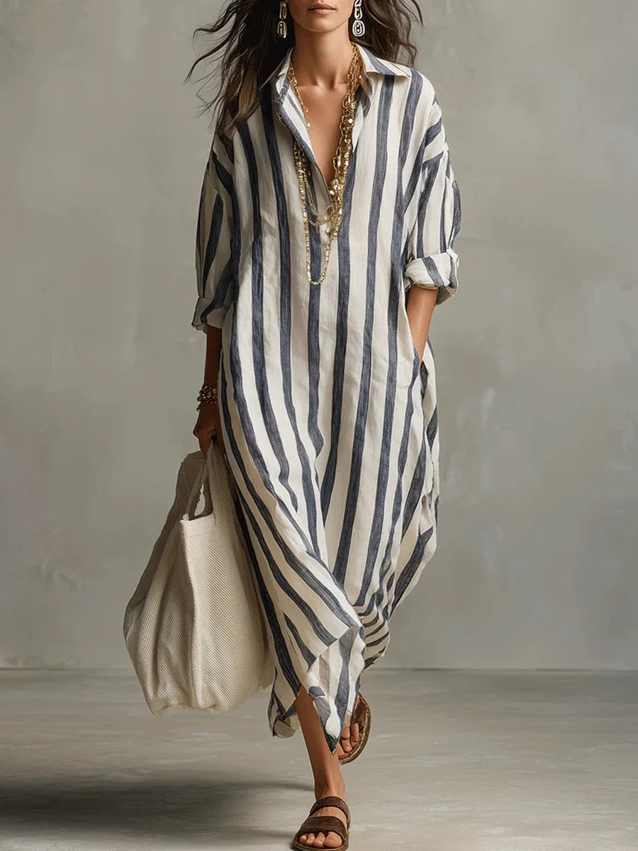 Striped linen shirt dress, blue and white vertical stripes, long sleeves, button front